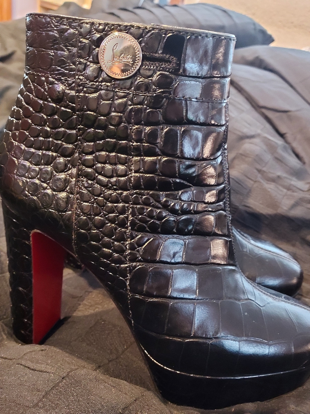 Christian Louboutin Black Croc-Embossed Platform Ankle Boots with Red Soles